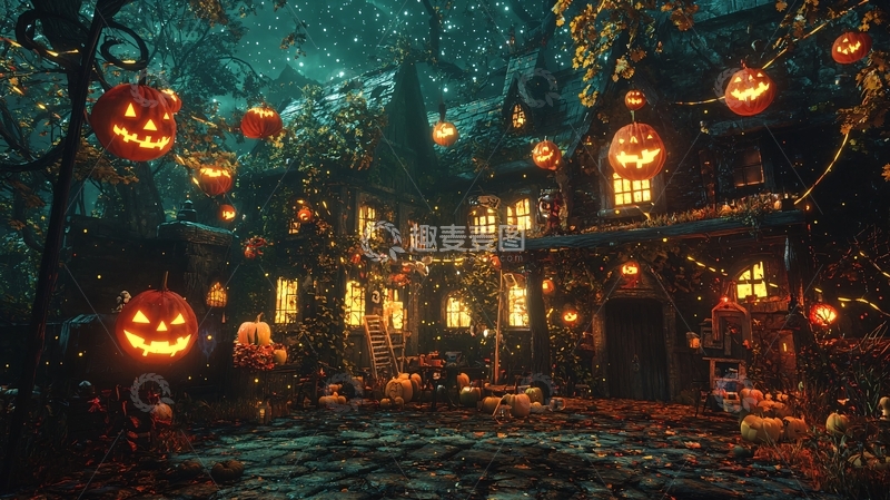 高清大图下载【趣麦麦图】万圣节南瓜灯下的古老宅院
