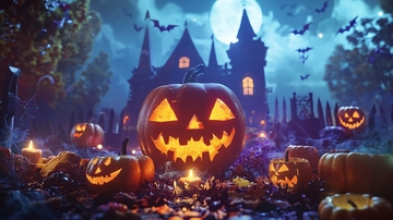 万圣节南瓜与鬼屋夜景