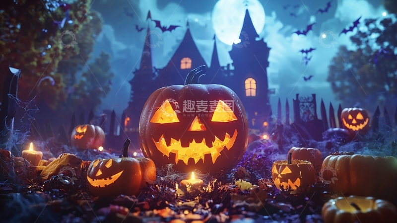 高清大图下载【趣麦麦图】万圣节南瓜与鬼屋夜景