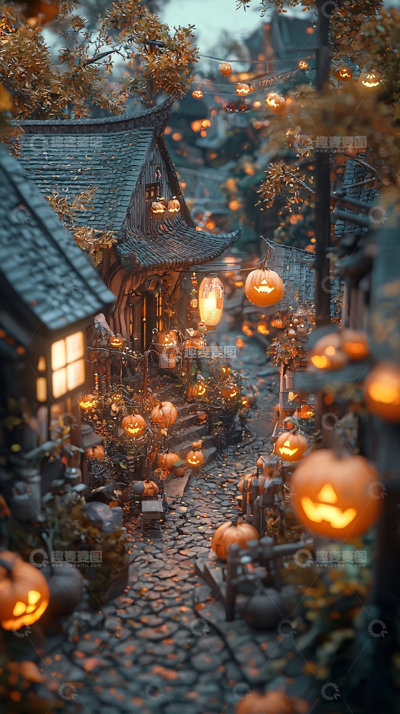 高清大图下载【趣麦麦图】万圣节南瓜灯装饰的老街