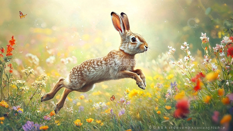 高清大图下载【趣麦麦图】跳跃的兔子在花丛中
