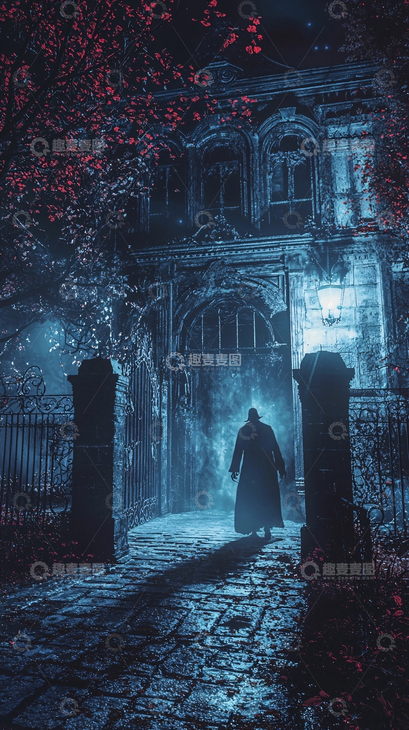 高清大图下载【趣麦麦图】夜晚神秘古堡前的孤独身影