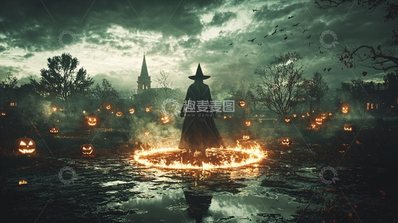 高清大图下载【趣麦麦图】万圣节夜景巫师篝火