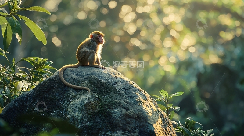 高清大图下载【趣麦麦图】阳光下的猴子与岩石
