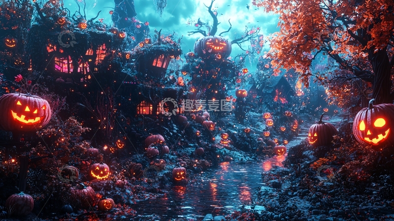高清大图下载【趣麦麦图】万圣节南瓜灯森林夜景