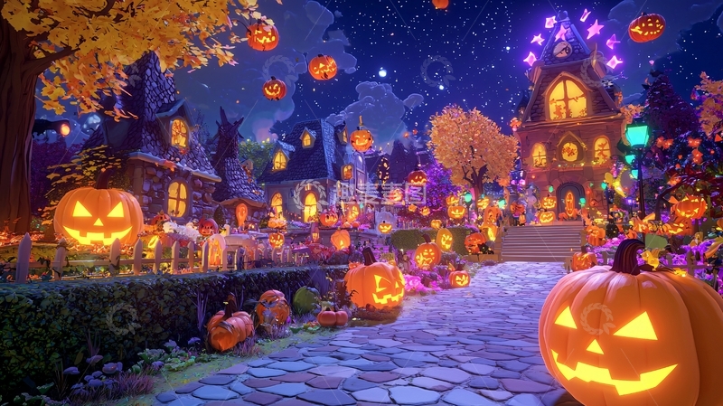 高清大图下载【趣麦麦图】万圣节南瓜灯村庄夜景