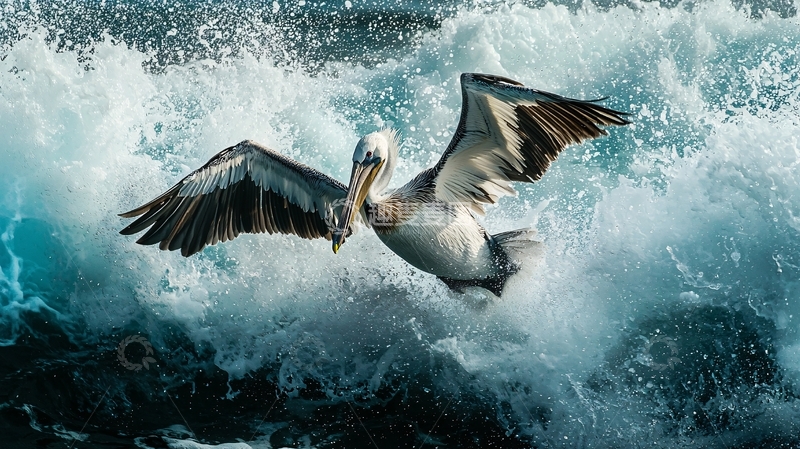 高清大图下载【趣麦麦图】海浪中的鹈鹕飞翔