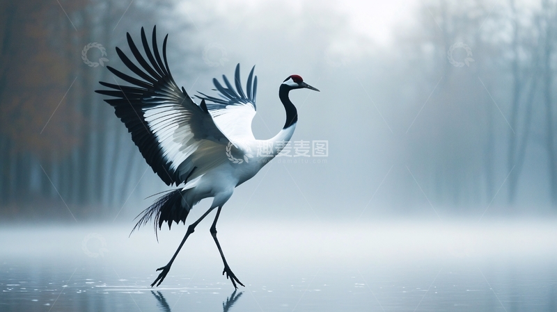 高清大图下载【趣麦麦图】晨雾中的丹顶鹤