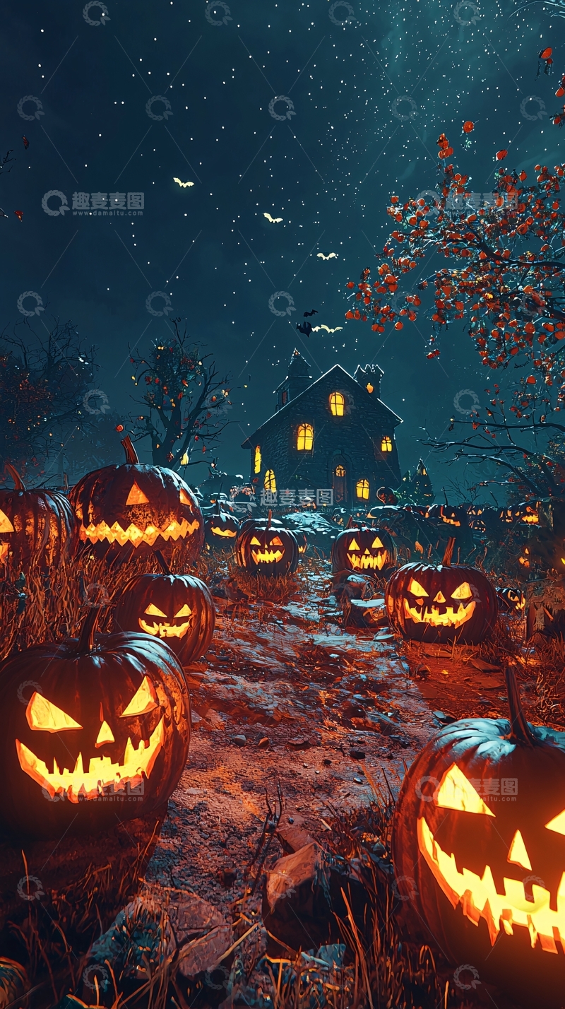 高清大图下载【趣麦麦图】万圣节南瓜灯与鬼屋夜景