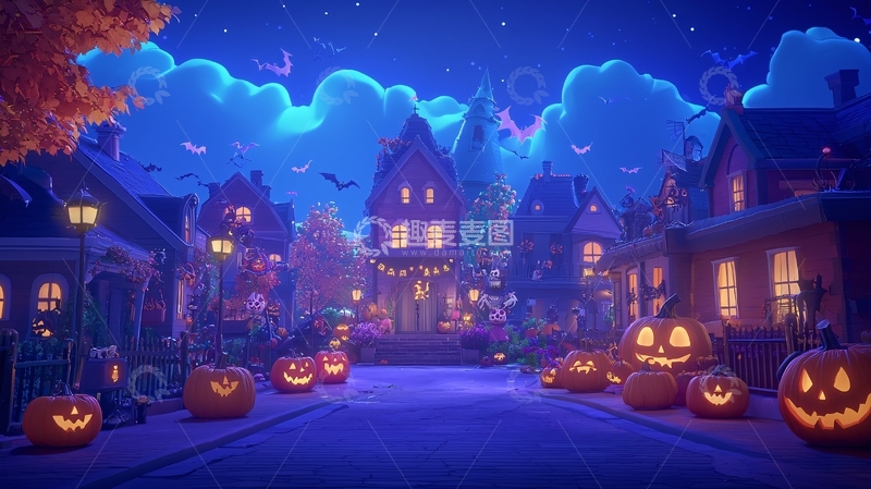 高清大图下载【趣麦麦图】万圣节夜晚小镇街景