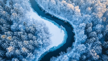 冬季森林的冰蓝色河流