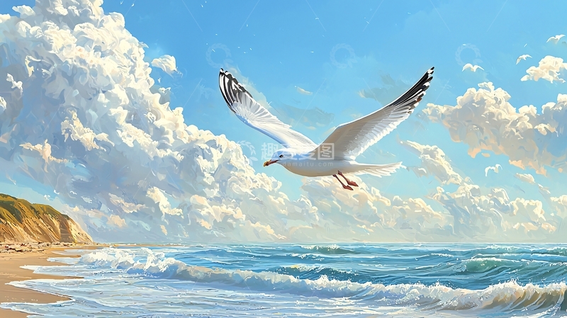 高清大图下载【趣麦麦图】海鸥飞翔的海滩风景