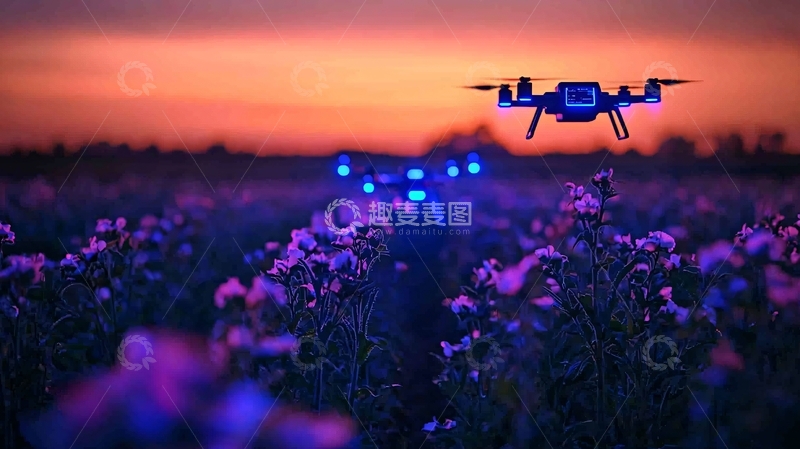 高清大图下载【趣麦麦图】未来农业无人机与蓝色全息动态农田监测系统