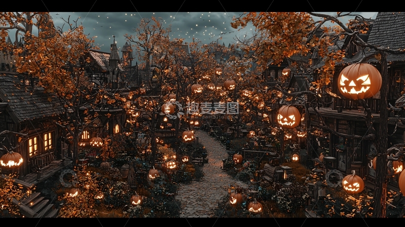 高清大图下载【趣麦麦图】万圣节村庄夜景