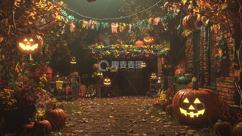 高清大图下载【趣麦麦图】万圣节南瓜灯装饰庭院