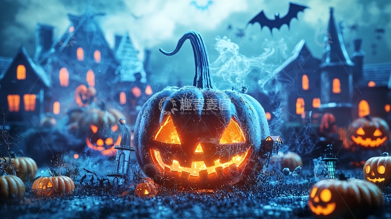 高清大图下载【趣麦麦图】万圣节南瓜与鬼屋夜景