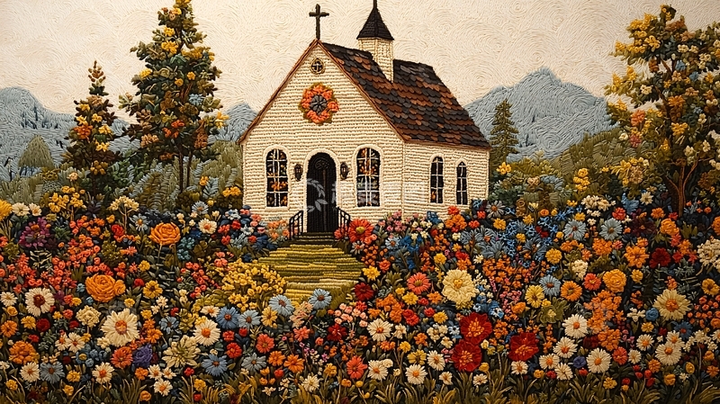 高清大图下载【趣麦麦图】刺绣艺术风格的乡村教堂