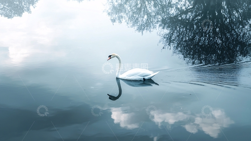 高清大图下载【趣麦麦图】湖面上的天鹅与倒影