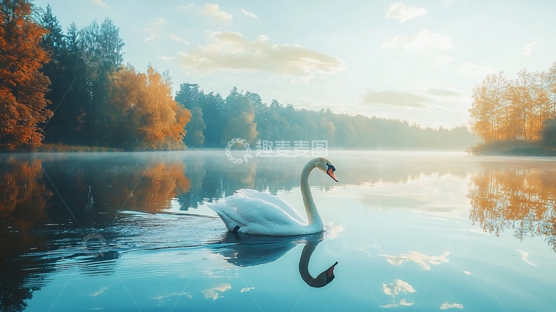 高清大图下载【趣麦麦图】秋日湖畔白鹅静谧图