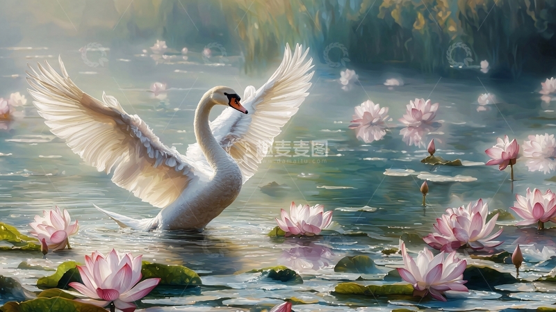 高清大图下载【趣麦麦图】白鹅与莲花的宁静湖景