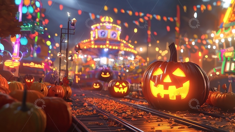 高清大图下载【趣麦麦图】万圣节南瓜灯游乐园夜景