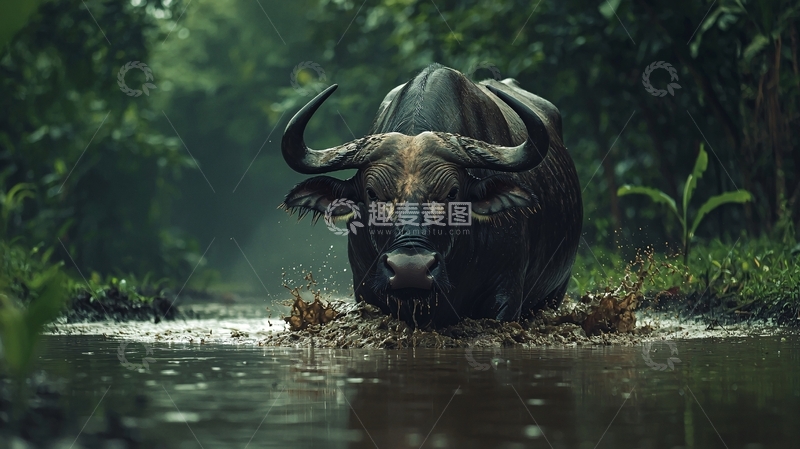 高清大图下载【趣麦麦图】水牛在泥泞中行走