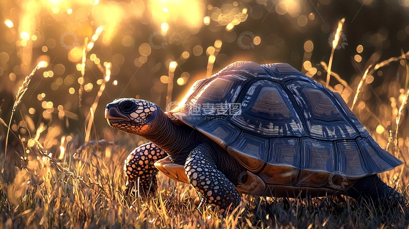 高清大图下载【趣麦麦图】夕阳下的乌龟漫步在草地上