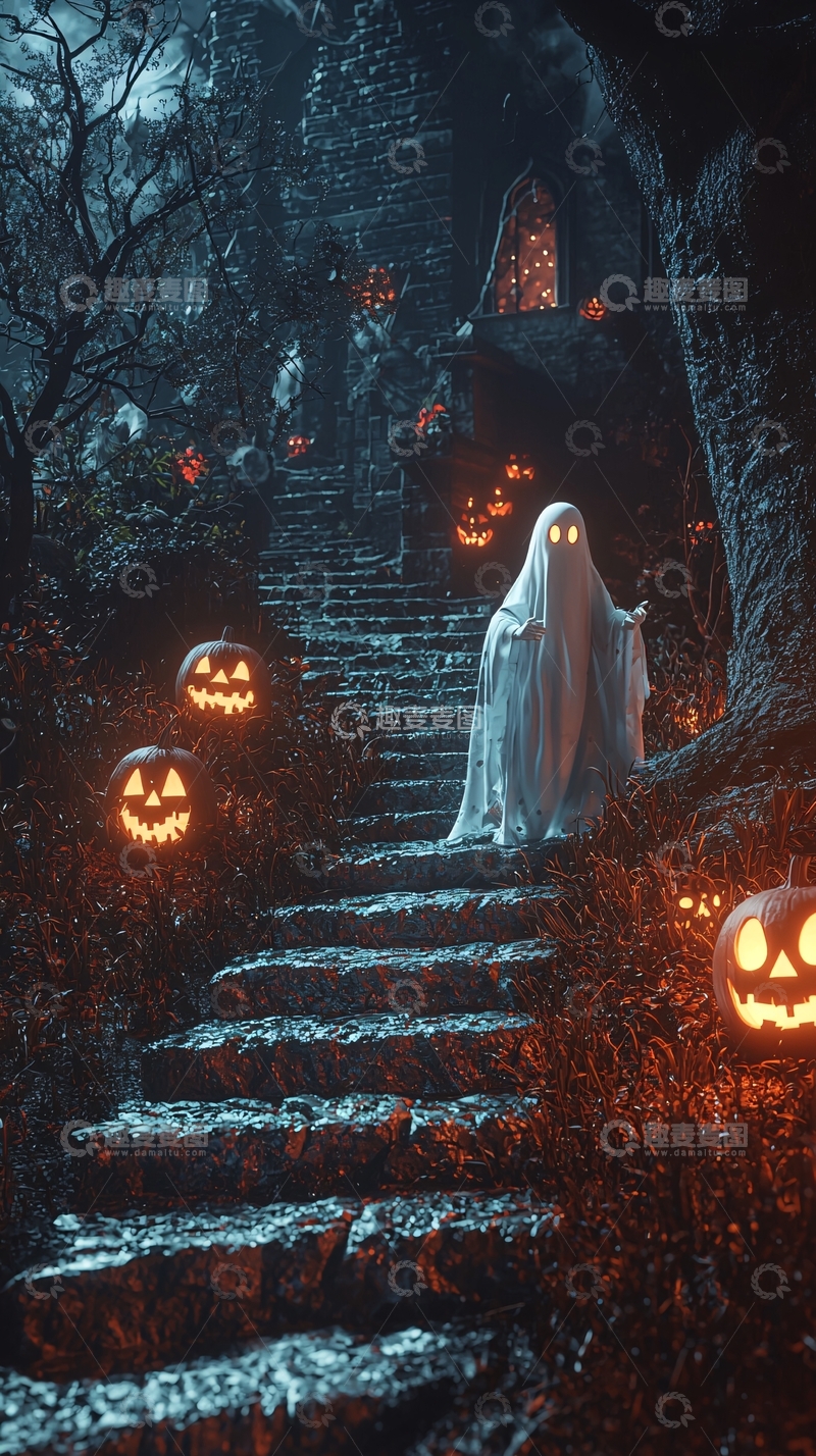 高清大图下载【趣麦麦图】万圣节幽灵与南瓜灯夜景