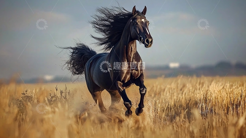 高清大图下载【趣麦麦图】奔腾的骏马在田野中驰骋