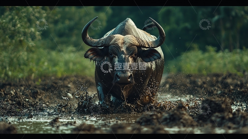 高清大图下载【趣麦麦图】水牛在泥泞中奔跑