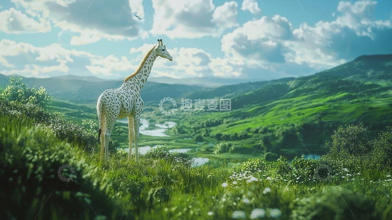 高清大图下载【趣麦麦图】长颈鹿在绿色山谷中