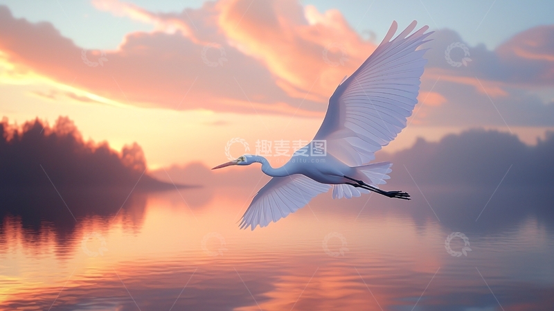 高清大图下载【趣麦麦图】白鹭飞翔于日落湖畔