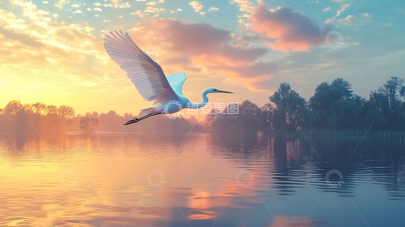 高清大图下载【趣麦麦图】夕阳下的白鹭飞翔