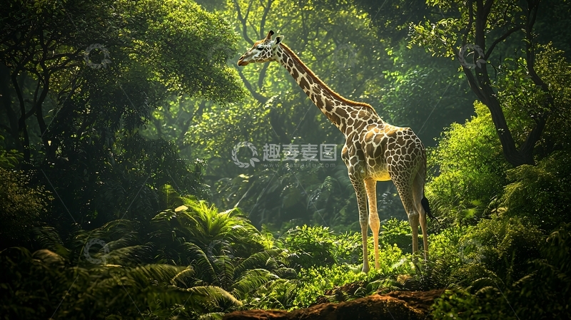 高清大图下载【趣麦麦图】长颈鹿在热带雨林中漫步