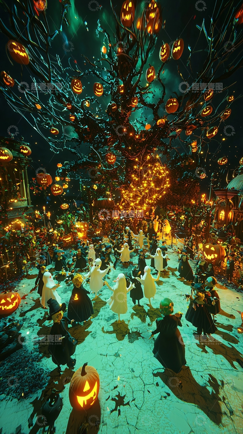 高清大图下载【趣麦麦图】万圣节夜晚南瓜树下的鬼魂聚会