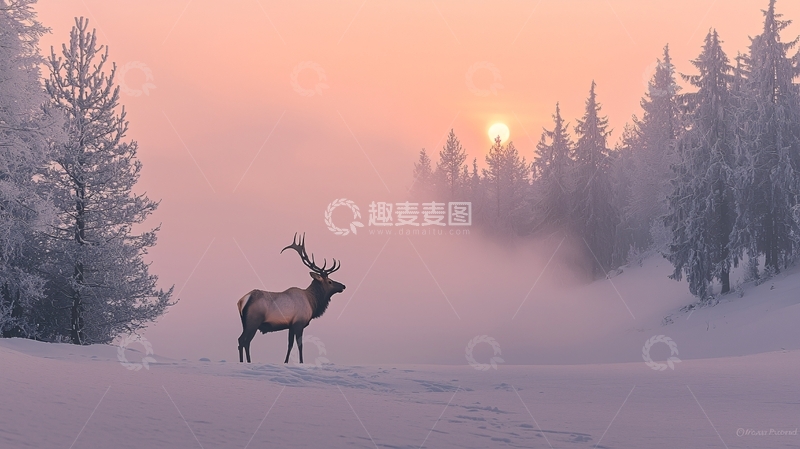 高清大图下载【趣麦麦图】冬季森林中的鹿