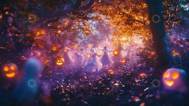 高清大图下载【趣麦麦图】万圣节森林中的南瓜灯和幽灵