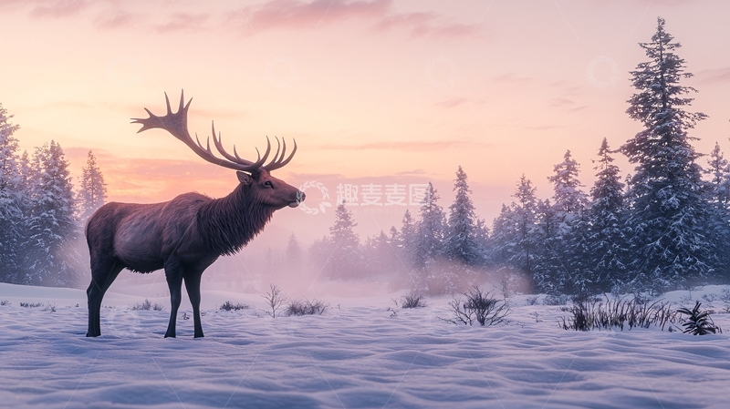 高清大图下载【趣麦麦图】冬季雪地中的雄鹿