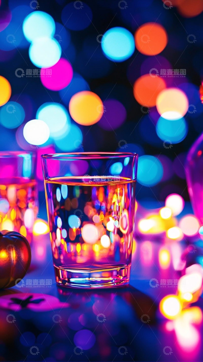 高清大图下载【趣麦麦图】霓虹灯下的玻璃杯
