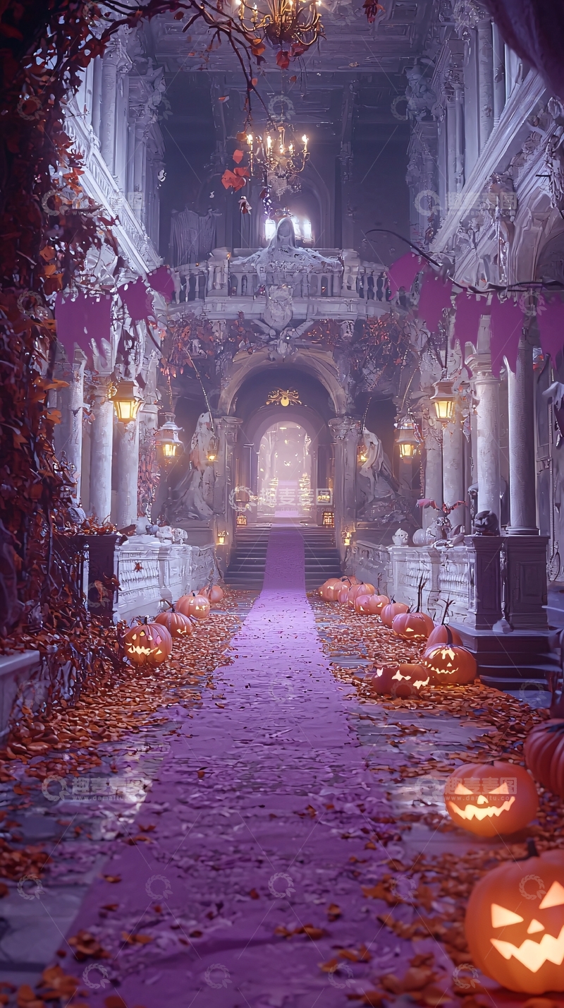 高清大图下载【趣麦麦图】万圣节南瓜灯装饰的古老走廊
