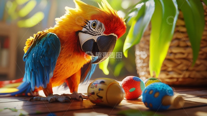 高清大图下载【趣麦麦图】五彩鹦鹉与玩具互动