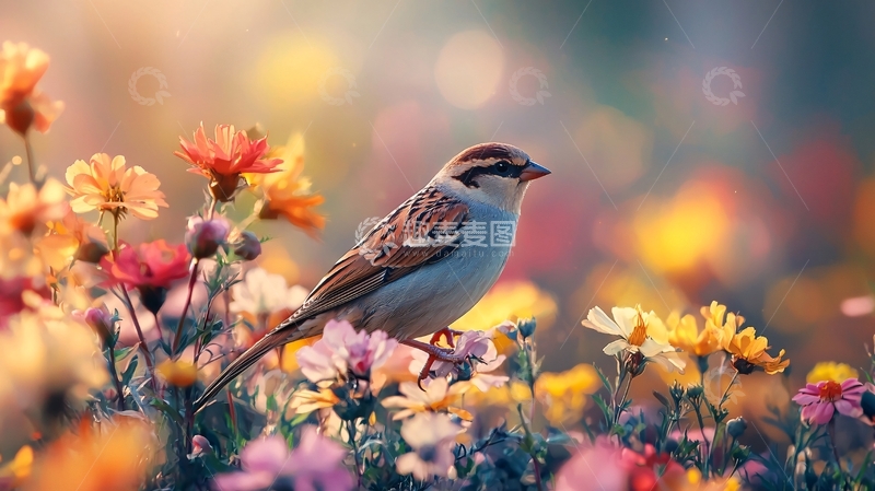 高清大图下载【趣麦麦图】春天花丛中的小鸟