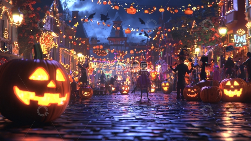 高清大图下载【趣麦麦图】万圣节夜晚街道装饰场景