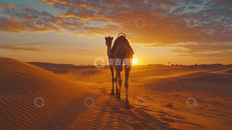 高清大图下载【趣麦麦图】沙漠日落骆驼剪影