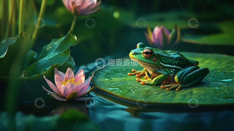 高清大图下载【趣麦麦图】荷叶上的青蛙与莲花