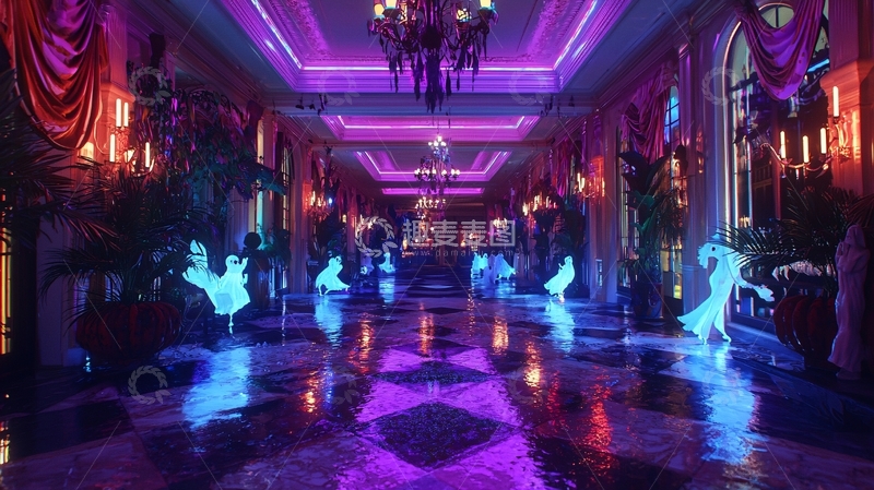 高清大图下载【趣麦麦图】紫色灯光下的豪华走廊