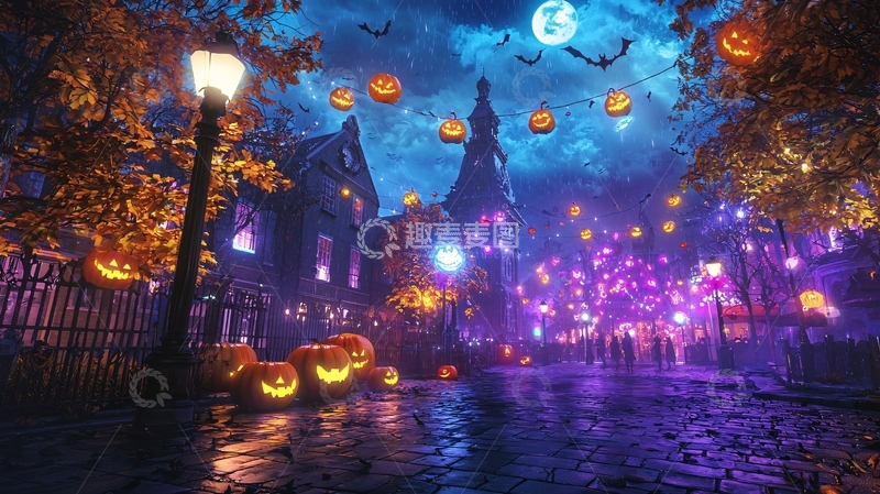 高清大图下载【趣麦麦图】万圣节夜晚街道装饰场景
