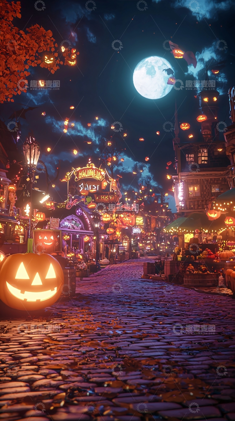 高清大图下载【趣麦麦图】万圣节夜晚小镇街景