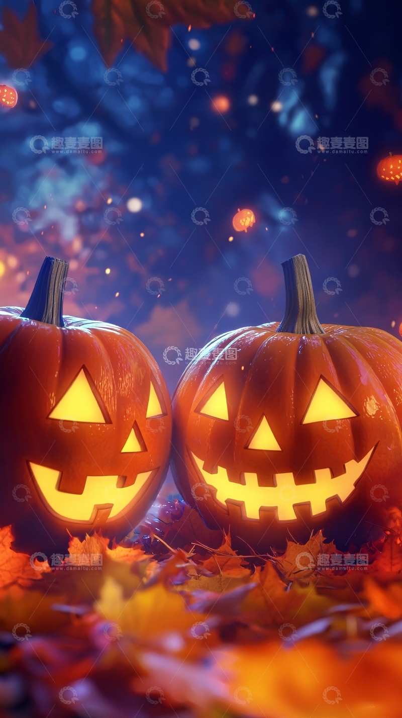 高清大图下载【趣麦麦图】万圣节南瓜灯与落叶