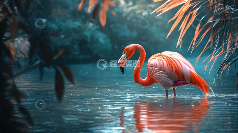 高清大图下载【趣麦麦图】粉红火烈鸟在水中觅食
